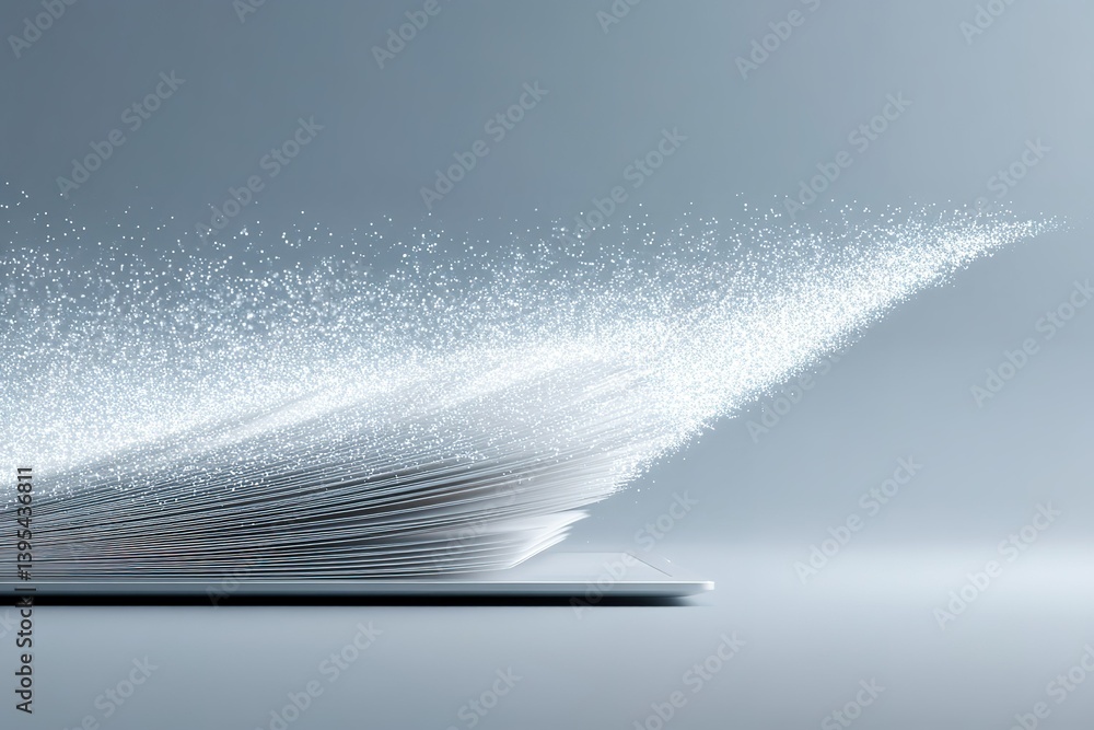 Poster pages turning with a magical sparkle emerging from a book on a minimalist background in a creative s