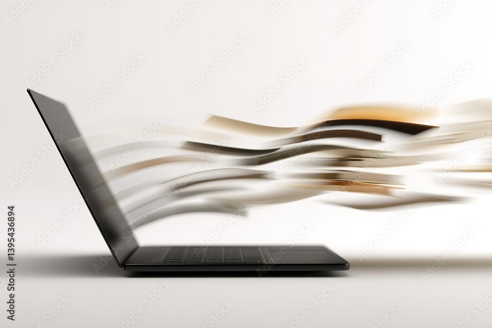 Poster dynamic laptop in motion with flowing lines and abstract colors representing speed and technology