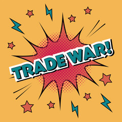 Trade War text in pop art comic explosion. Retro style Trade War phrase with stars and burst. Trade War in vintage cartoon style with halftone