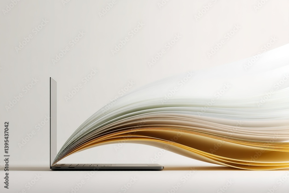 Poster creative representation of a laptop transitioning into flowing pages enhancing digital storytelling 