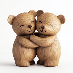 Hand-carved wooden toy bears hugging affectionately on white background, symbolizing love, comfort, and togetherness. Perfect for gifts, family decor, and children's illustrations.
