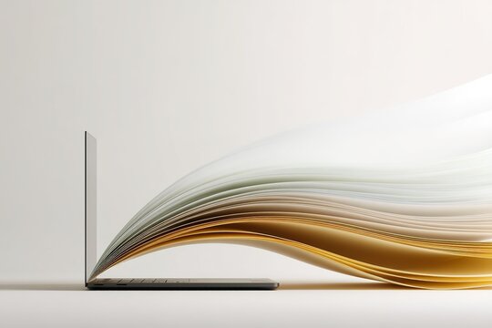 Creative representation of a laptop transitioning into flowing pages enhancing digital storytelling concept