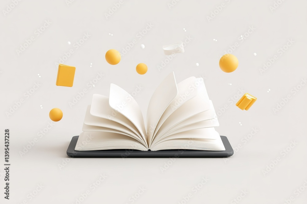 Poster creative depiction of an open book with floating yellow shapes reflecting imagination and learning