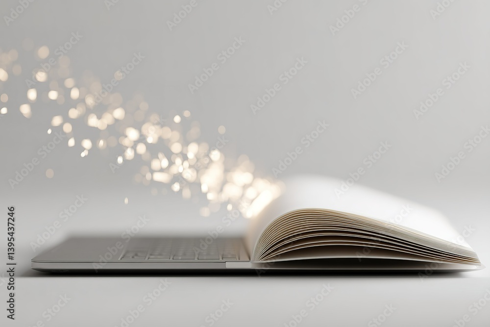 Poster open book next to laptop with sparkling effects creating a magical atmosphere for study and creativi