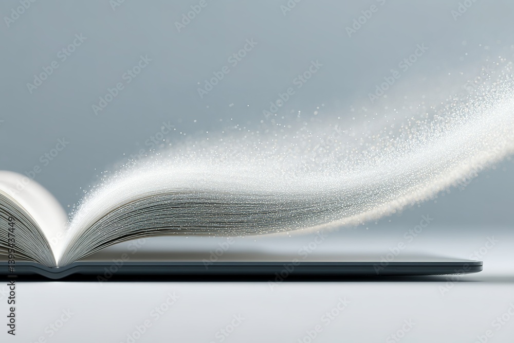 Poster open book displaying magical dust flowing from pages set against a minimalist light background