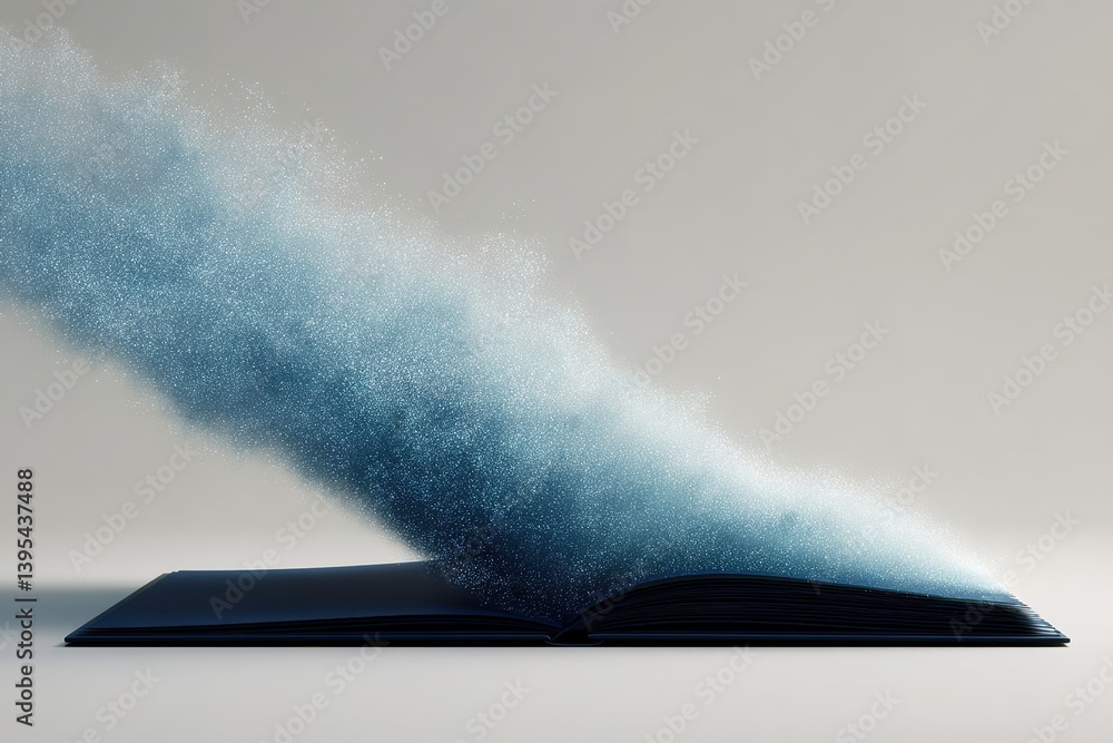 Poster creative concept of an open book releasing a cloud of blue particles in a minimalist setting showcas