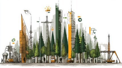 Naklejka premium This illustration depicts cityscape blending urban structures with nature, featuring skyscrapers and trees, symbolizing sustainable development and eco friendly urban planning