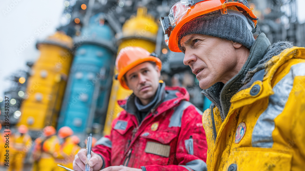 Aufkleber Two engineers in protective gear discuss maintenance tasks at industrial site, with colorful machinery in background. scene conveys focus and teamwork