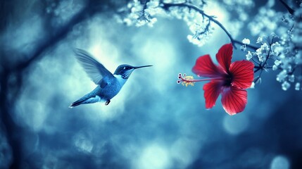 Hummingbird and Hibiscus: A Serene Encounter in a Blue Dreamland