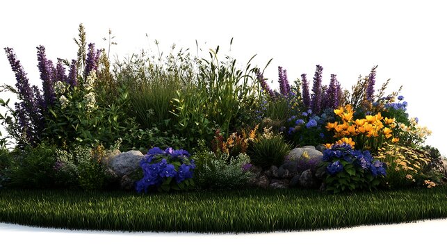 Vibrant Wildflower Meadow Garden with Isolated on White.