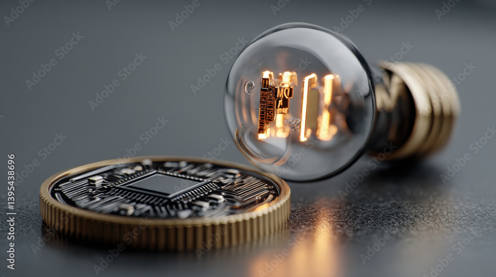 Poster glowing lightbulb with microchip design is placed next to coin symbolizing technology and innovation