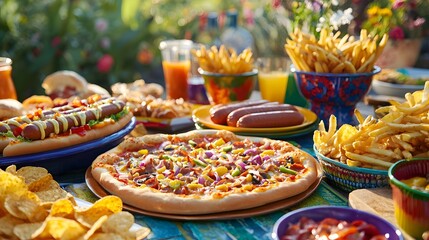 Colorful Summer Feast with Pizza, Hot Dogs, and French Fries