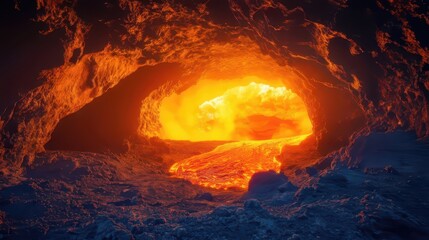 Glowing lava flowing in volcanic cave creating warm light