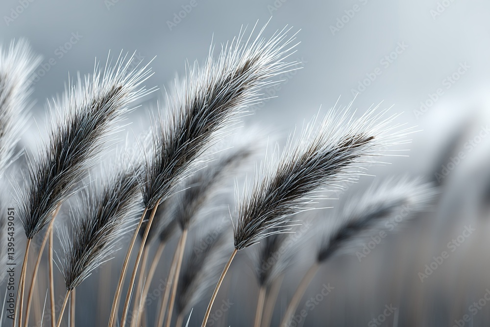 Poster delicate grass tufts sway gently in the soft light of dawn against a hazy backdrop of muted colors