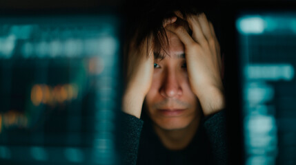 Gestresster Analyst bei der Auswertung von Finanzdaten – Wirtschaftskrise, Börsencrash und Datenflut, Börse, Krise, Crash	
