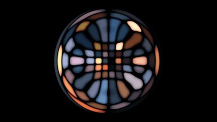 Dark church stained glass window art with a butterfly design shows beauty in a circular pattern of light and shadow - Powered by Adobe