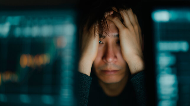 Gestresster Analyst bei der Auswertung von Finanzdaten &ndash; Wirtschaftskrise, B&ouml;rsencrash und Datenflut, B&ouml;rse, Krise, Crash	