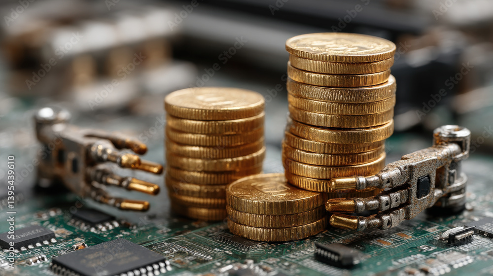 Fototapete Stacks of gold coins are placed on circuit board, flanked by mechanical arms, symbolizing intersection of finance and technology. image conveys innovation and futuristic concepts