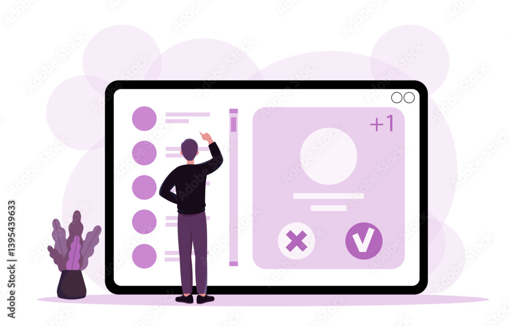 Poster user interacting with digital interface. vector illustration