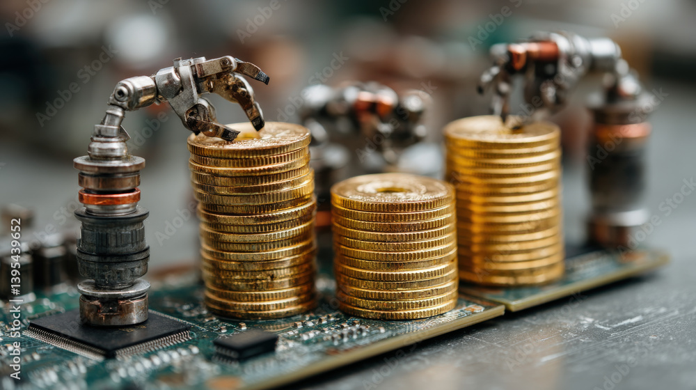 Fototapete stacks of gold coins are being manipulated by mechanical arms on circuit board, symbolizing intersec