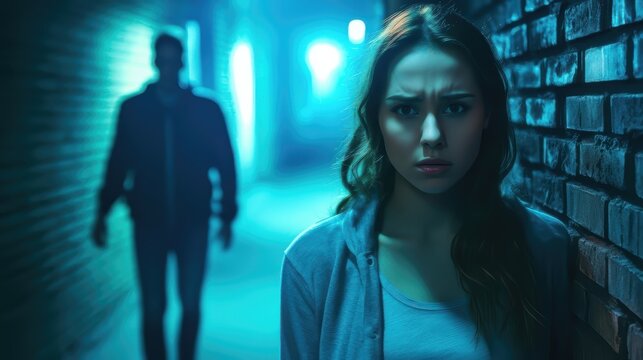 Scared young woman feeling unsafe at night with man approaching in dark alley