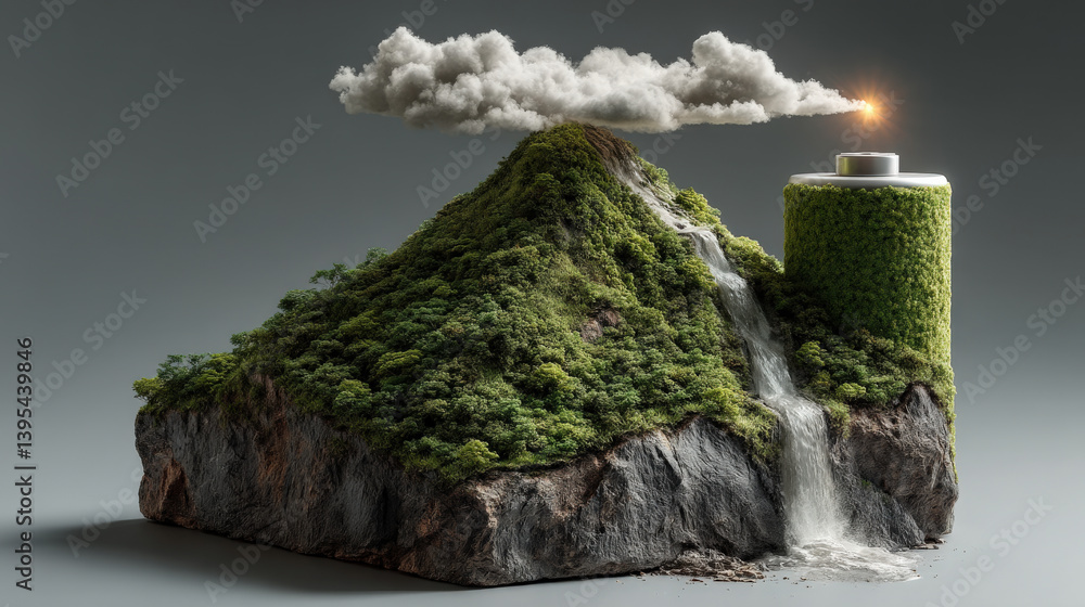 Poster surreal image depicts green battery shaped like mountain with waterfall cascading down its side, top