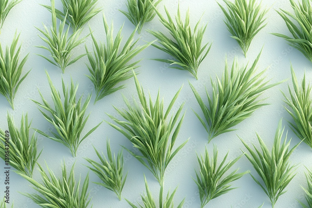 Poster vibrant green grass patches arranged on a textured light background create an artistic natural patte