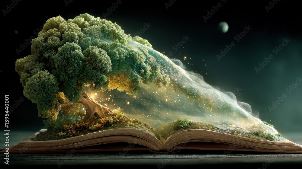 Leinwandbilder magical tree emerges from open book, with sparkling lights and cosmic background, creating surreal a