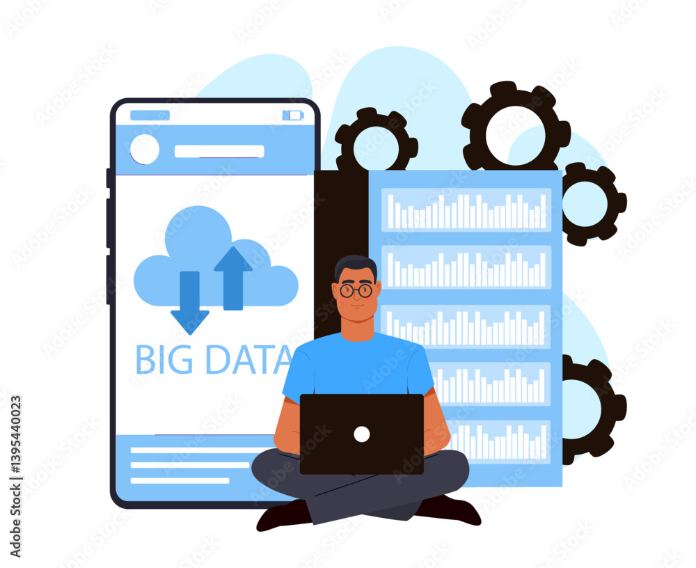 Aufkleber big data analyst using laptop system. vector illustration