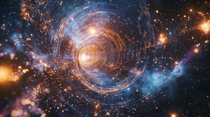 Abstract cosmic swirl with orange and blue light in a dark starry background.