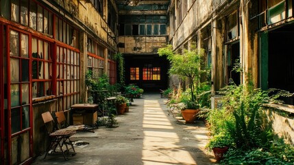 Fototapeta premium Sunlit Serenity in an Abandoned Courtyard: A Glimpse into Forgotten Grandeur