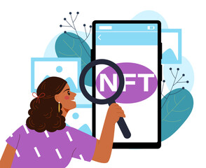 Woman examining NFT on smartphone screen. Vector illustration