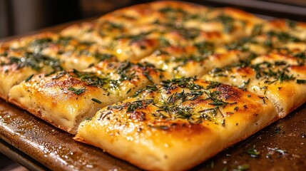 Golden Focaccia: A mouthwatering, close-up shot of a golden-brown focaccia bread, baked to perfection. It showcases the inviting texture and appetizing appearance