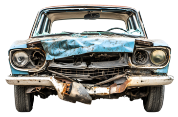 A blue car with a smashed front end