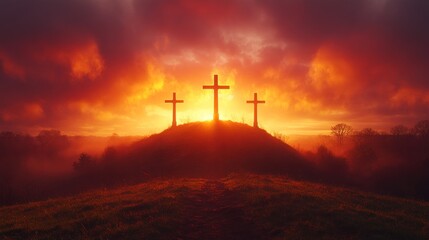 Obraz premium Three crosses silhouetted against a dramatic sunset on a hilltop.