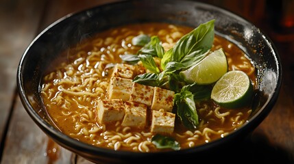 Delicious Ramen Noodle Bowl with Tofu, Basil and Lime Garnish