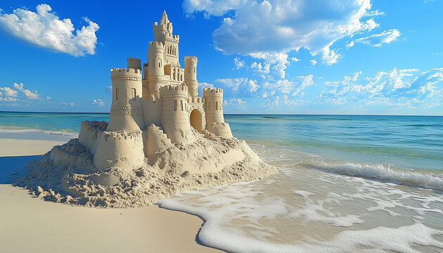 excuisite sand castle on waters edge on tropical beach