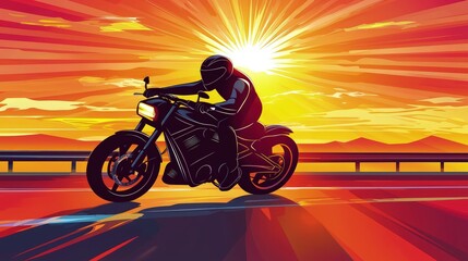 Fototapeta premium Motorcyclist rides at sunset
