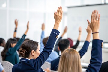Attendees raise hands, showing participation and active engagement at a business conference.