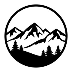 Majestic Mountain Range in a Circular Design Black and White Graphic Art