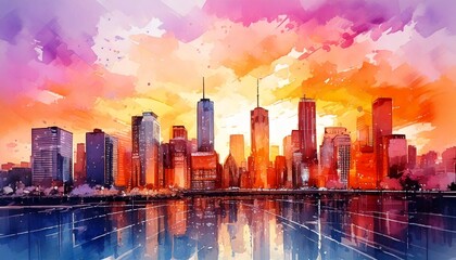 Watercolor city skyline background