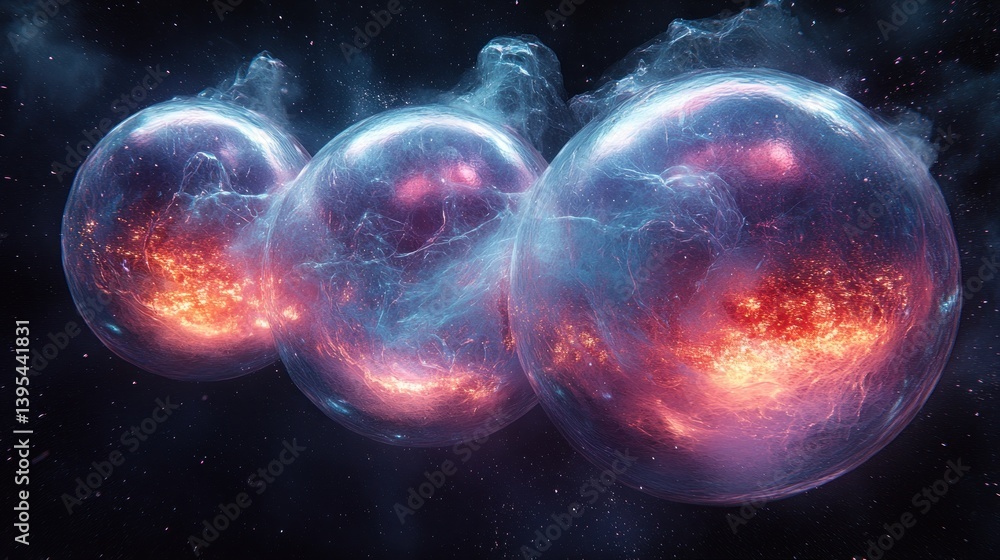 Aufkleber three glowing orbs with fiery and icy textures float in dark space.
