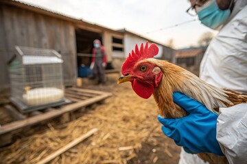A veterinarian examining a rooster on a farm, wearing protective equipment.