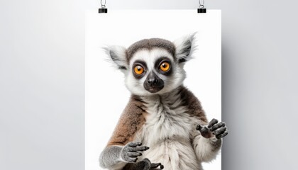 Obraz premium A cute lemur looks directly at the camera with its hands outstretched, showcasing a playful demeanor, ideal for wildlife conservation or animal-related promotions.