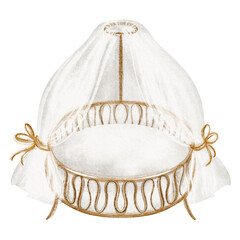 Watercolor illustration of a wooden bassinet with soft cotton bedding and baldaquin. Drawing of a stylish crib for a modern nursery. Cute hand drawn design for baby room decor or invitations. © Elena