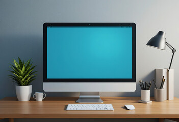 Computer blank white screen on desk with plant and stationery. for screen mockup, 3D Rendering