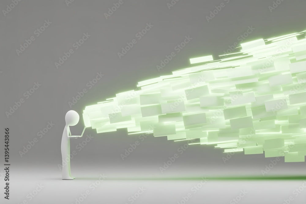 Poster creative individual engaged in digital data flow exploration in a modern, abstract space with glowin