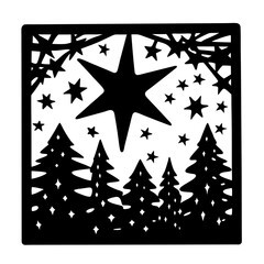Black and White Christmas Star Night Forest Silhouette Design Festive Winter Holiday Scene