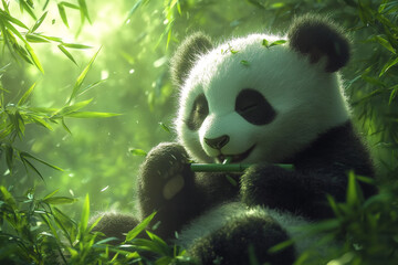 Obraz premium A high-quality close-up of a giant panda sitting peacefully in a bamboo forest, holding a bamboo stalk and chewing contentedly.