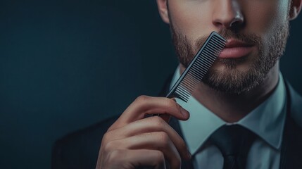 Businessman styling his hair with a comb, set against a sleek dark background